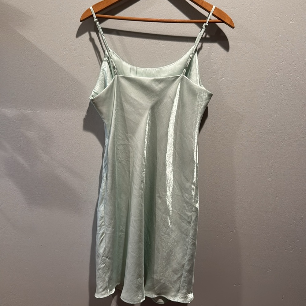 Forever 21 Seafoam Green Blue Satin Shimmer Mini Slip Dress Zip Side Flowy Hem - Picture 7 of 8